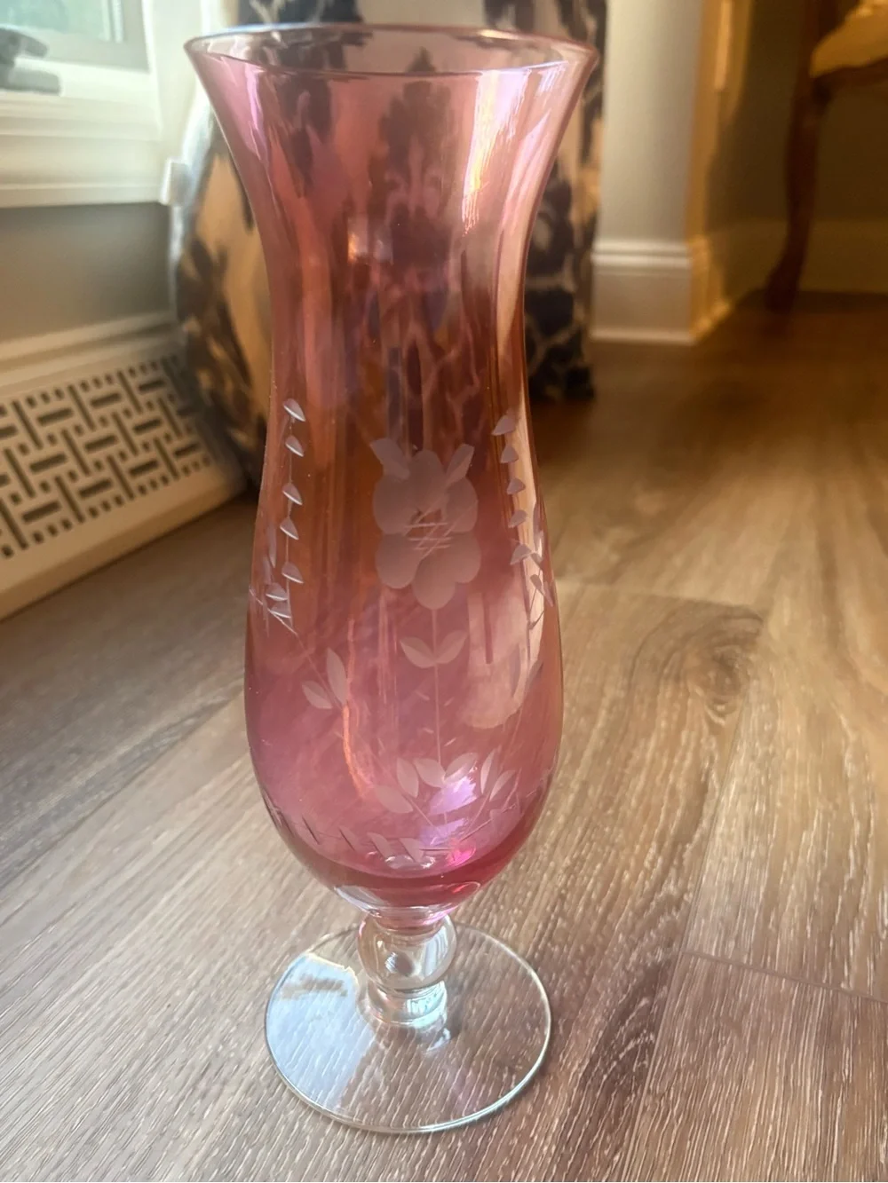Vintage Cranberry Etched Glass Hurricane Vase